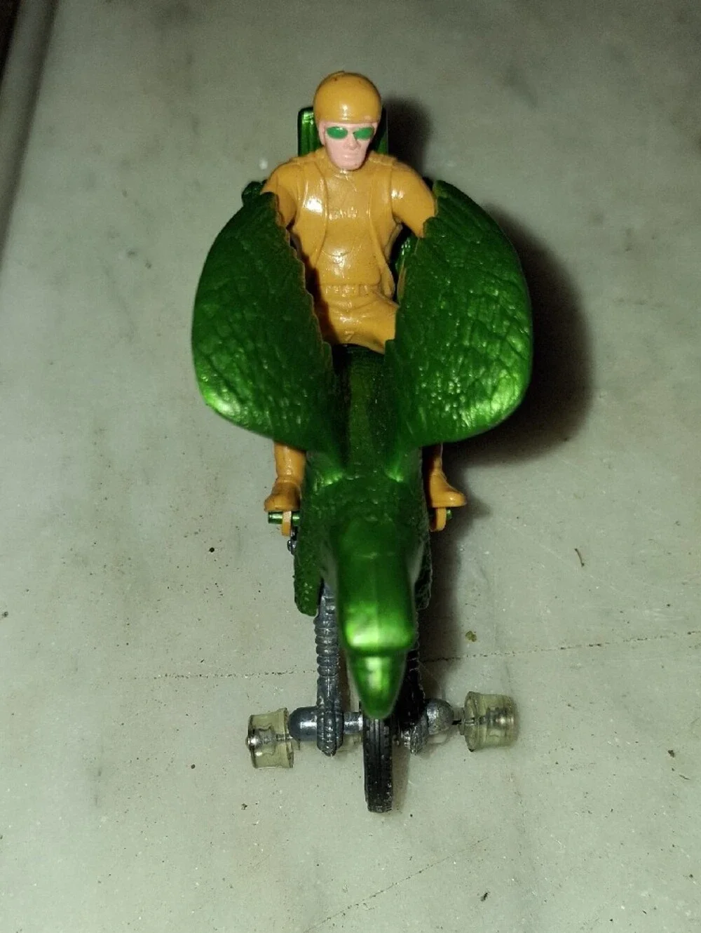Vintage 1970s Hotwheels Metallic Green Eagle Motorcycle with Yellow Rider Figure